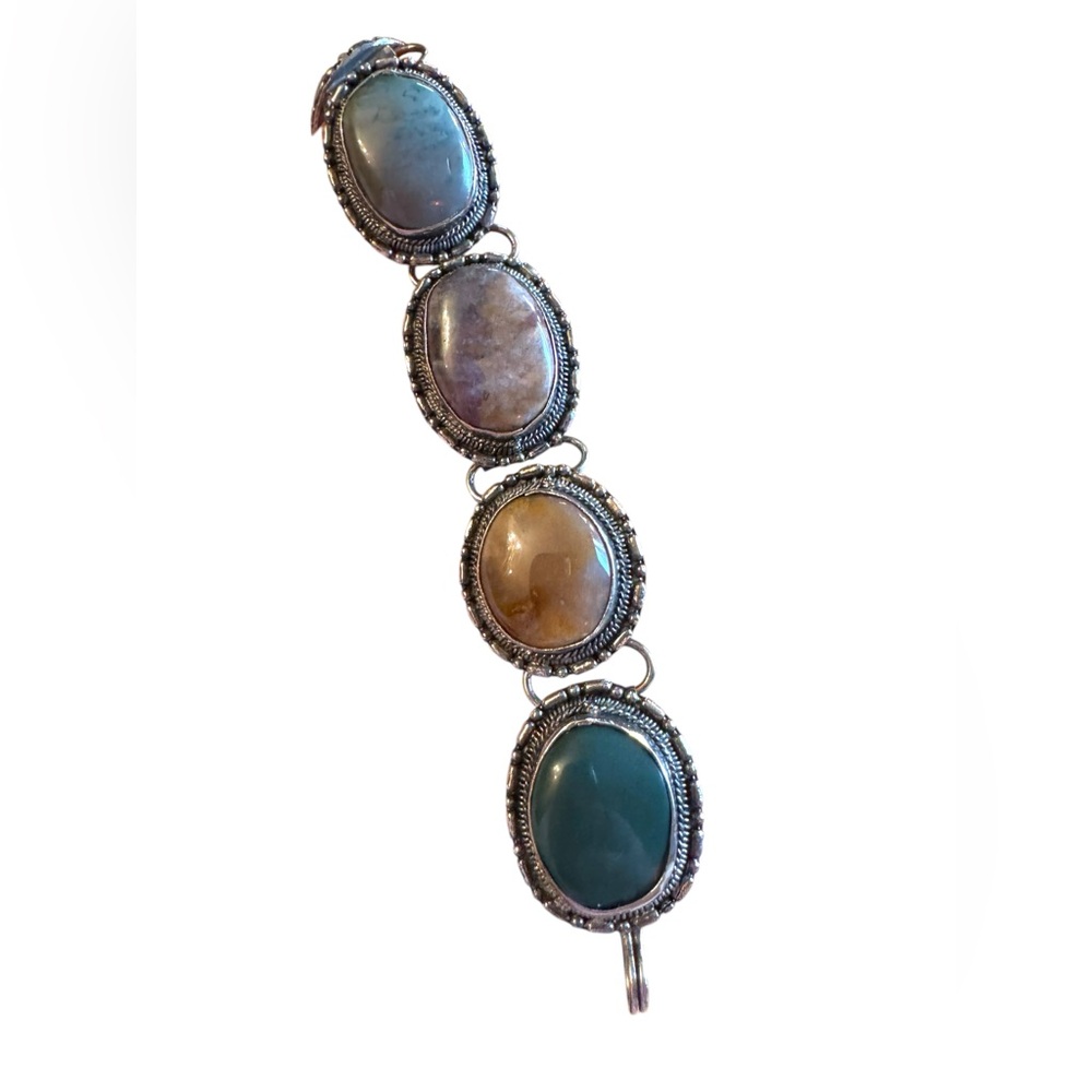 Vintage silver large chunky link Scottish Agate Multi-Color Stone Bracelet oval